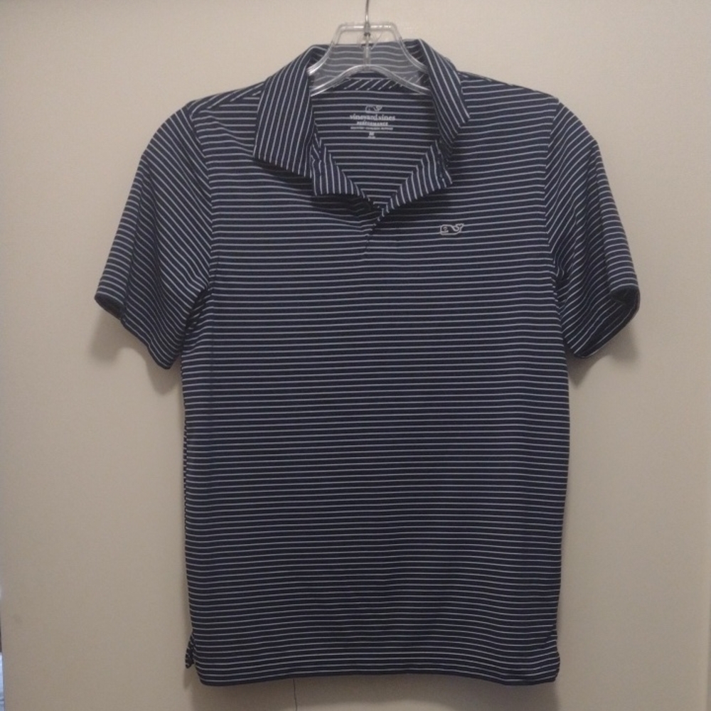 Vineyard Vines Boy's Navy and White Striped Performance Polo (J672)